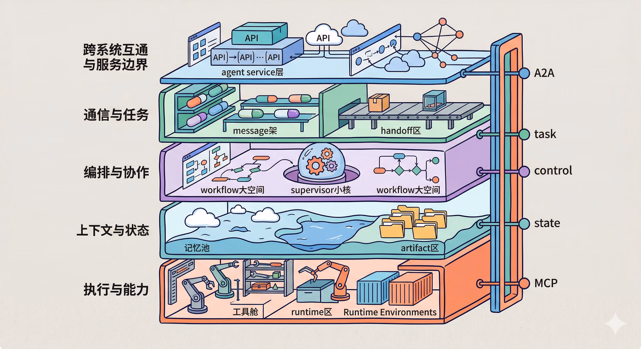 MultiAgent 底层关键技术五层结构图